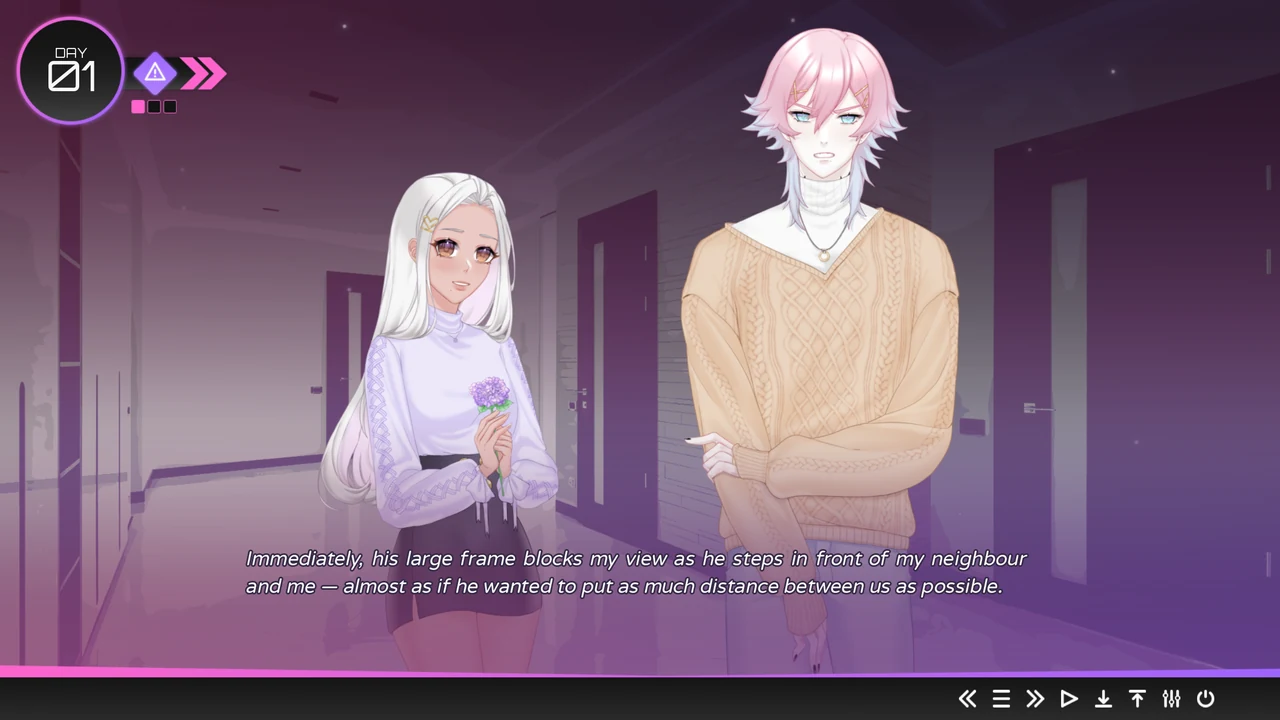 Ren standing in a purple-lit corridor with his arms folded beside a white-haired girl holding a single purple flower