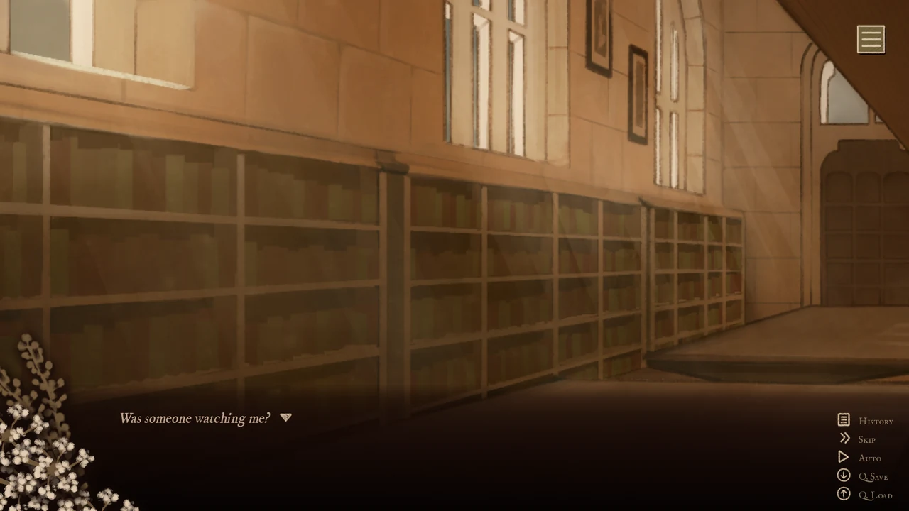 A quiet school corridor with tall windows, wooden shelves and potted flowers, the narration asking whether someone was watching