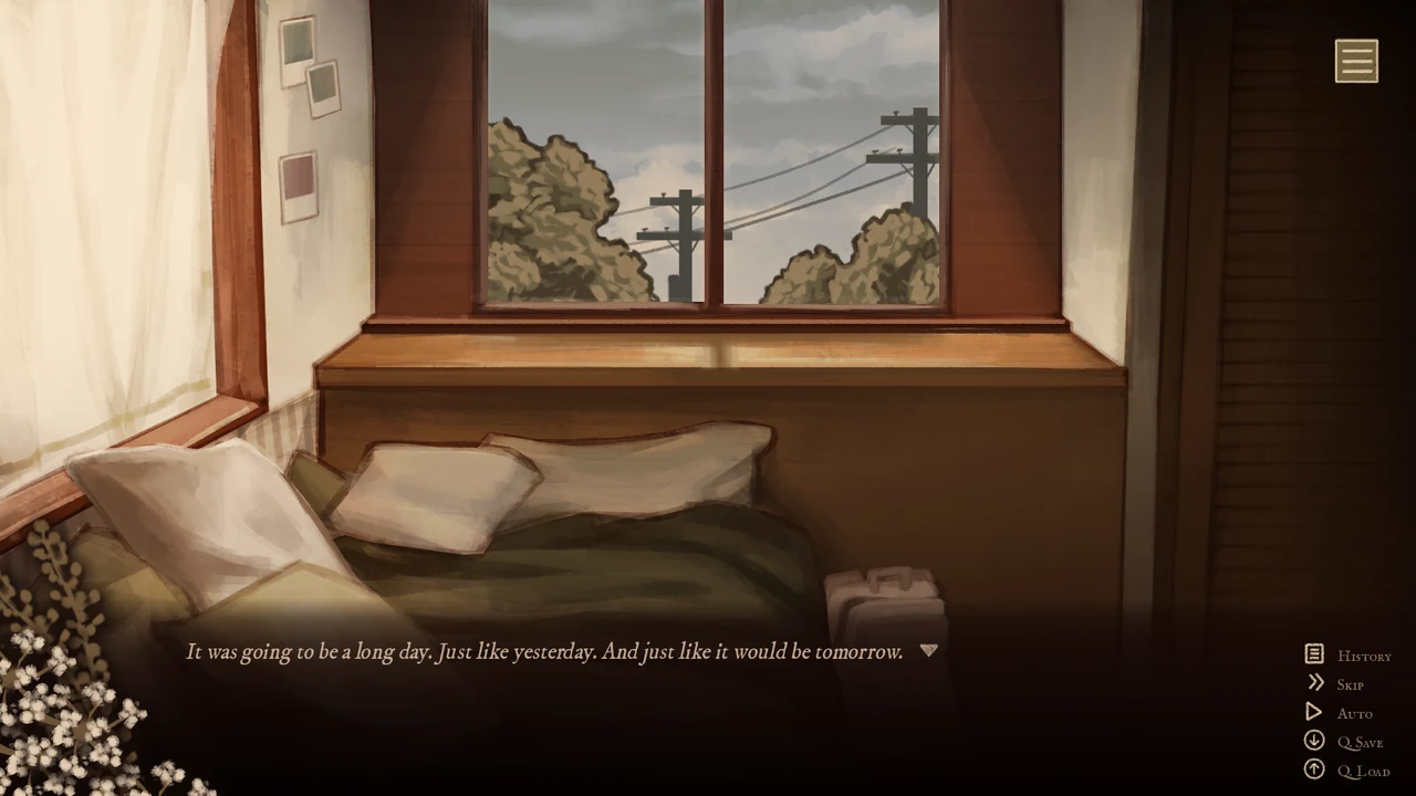 A bedroom in early autumn, a window looking out on telephone poles and orange trees, the narration saying it was going to be a long day