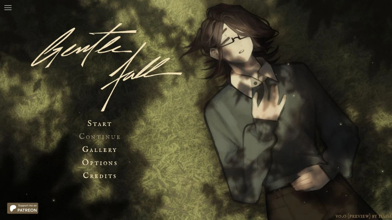 The Gentle Fall title screen, the handwritten logo beside a dark-haired man in a green shirt, with Start, Continue, Gallery, Options and Credits listed down the left