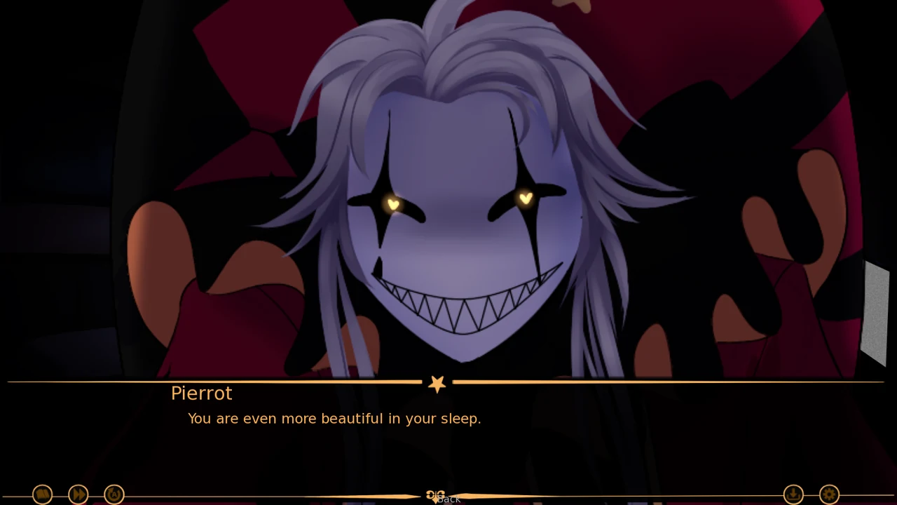Pierrot in close-up, white hair, a pale mask-like face with glowing star-shaped eyes and a row of sharp teeth