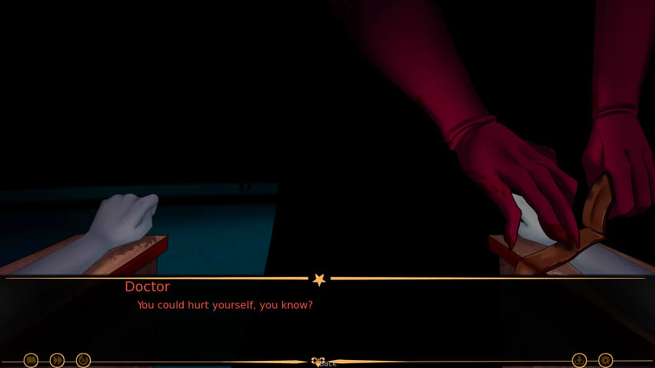 The Doctor in red gloves, holding a hand down on a wooden table in an almost completely dark scene