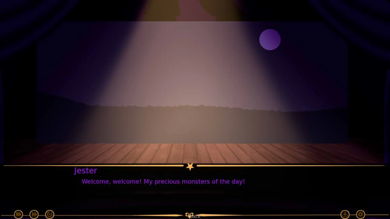 An empty wooden circus stage under a single spotlight with the audience in darkness beyond it
