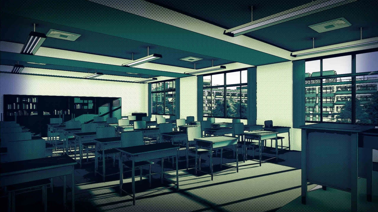 An empty school classroom lit green through tall windows, desks in rows and afternoon sun cutting across the floor