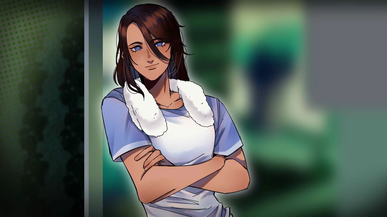 An in-game CG of Crowe, the blue-eyed class representative, standing with arms folded in a white fur-collared top