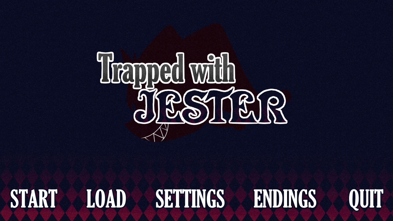 The Trapped with Jester title screen, the jester hat logo above the Start, Load, Settings and Endings menu
