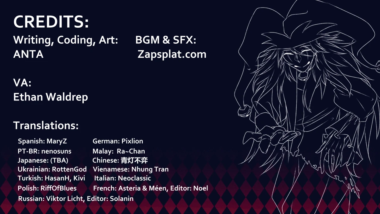 The credits screen listing the creator ANTA, voice actor Ethan Waldrep, and the translation teams, beside white line art of the jester