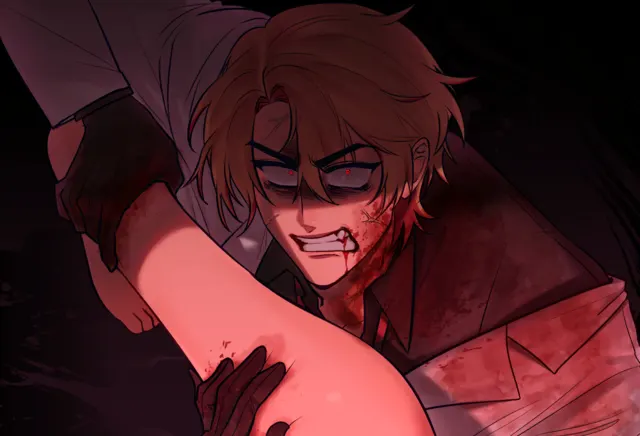 Adrian leaning over the camera with blood on his face and red eyes, mid jump scare