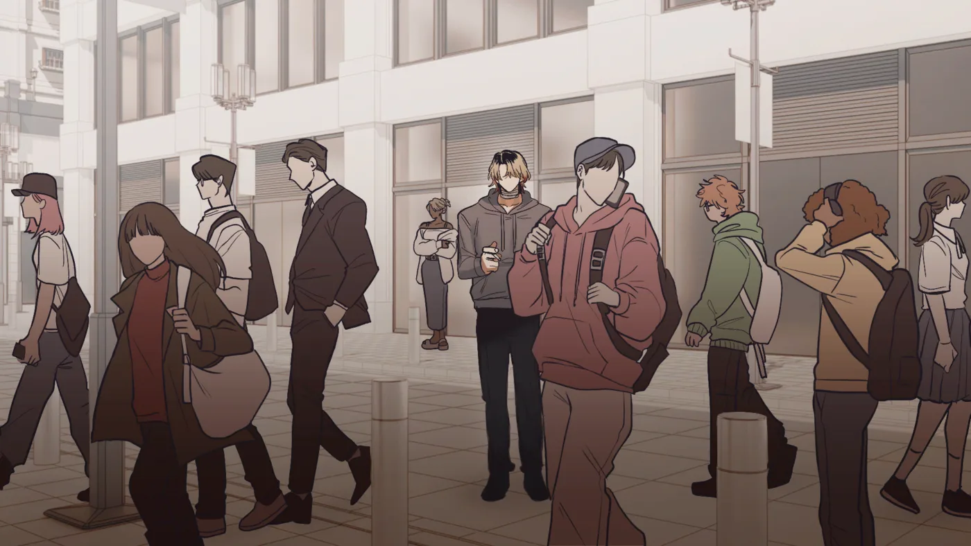 Adrian standing in a city street in a grey hoodie among a crowd of faceless passers-by, his head turned away from the camera
