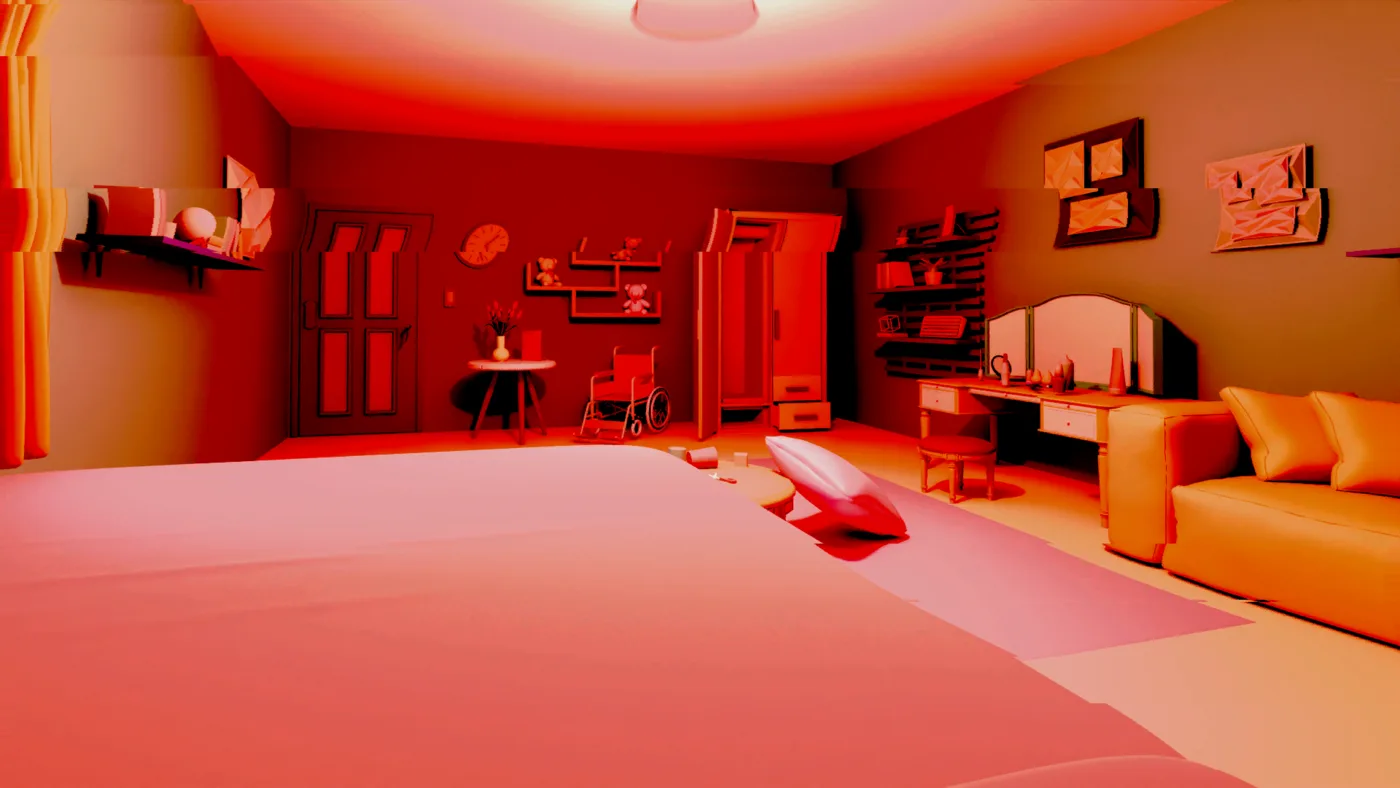 The red-lit living room with the whole image displaced sideways, as if the frame is tearing
