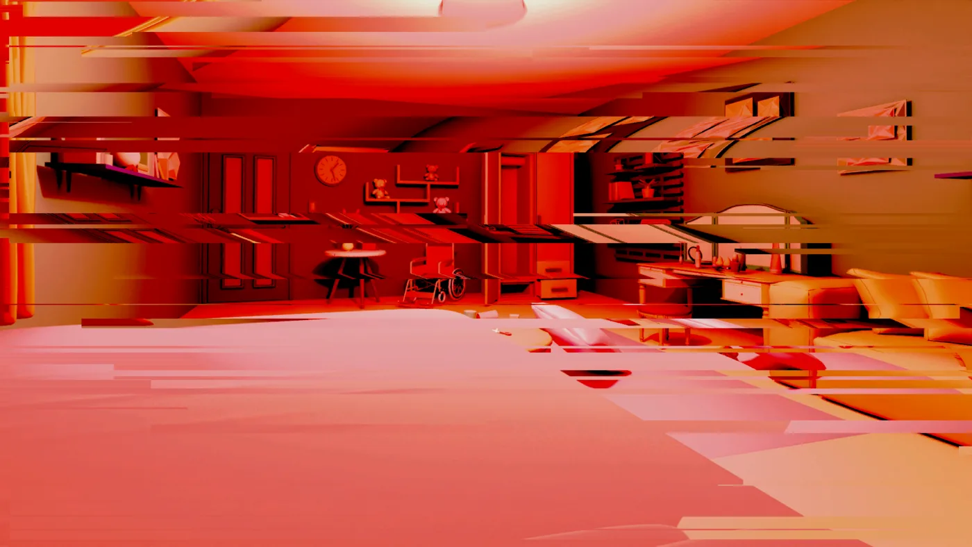 The red-lit living room heavily displaced, with the furniture smeared into horizontal bands