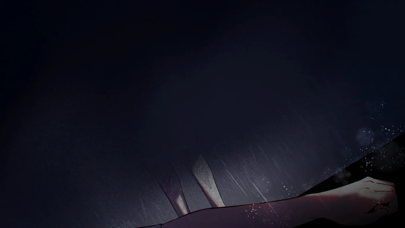 A nearly black scene of a hand reaching upward out of a hole in the ground