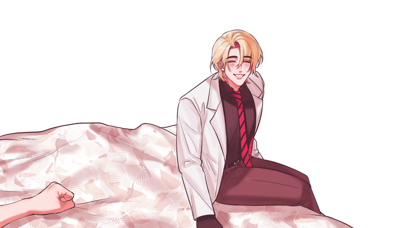 A blonde character sitting on the edge of a bed in a dim room, smiling warmly