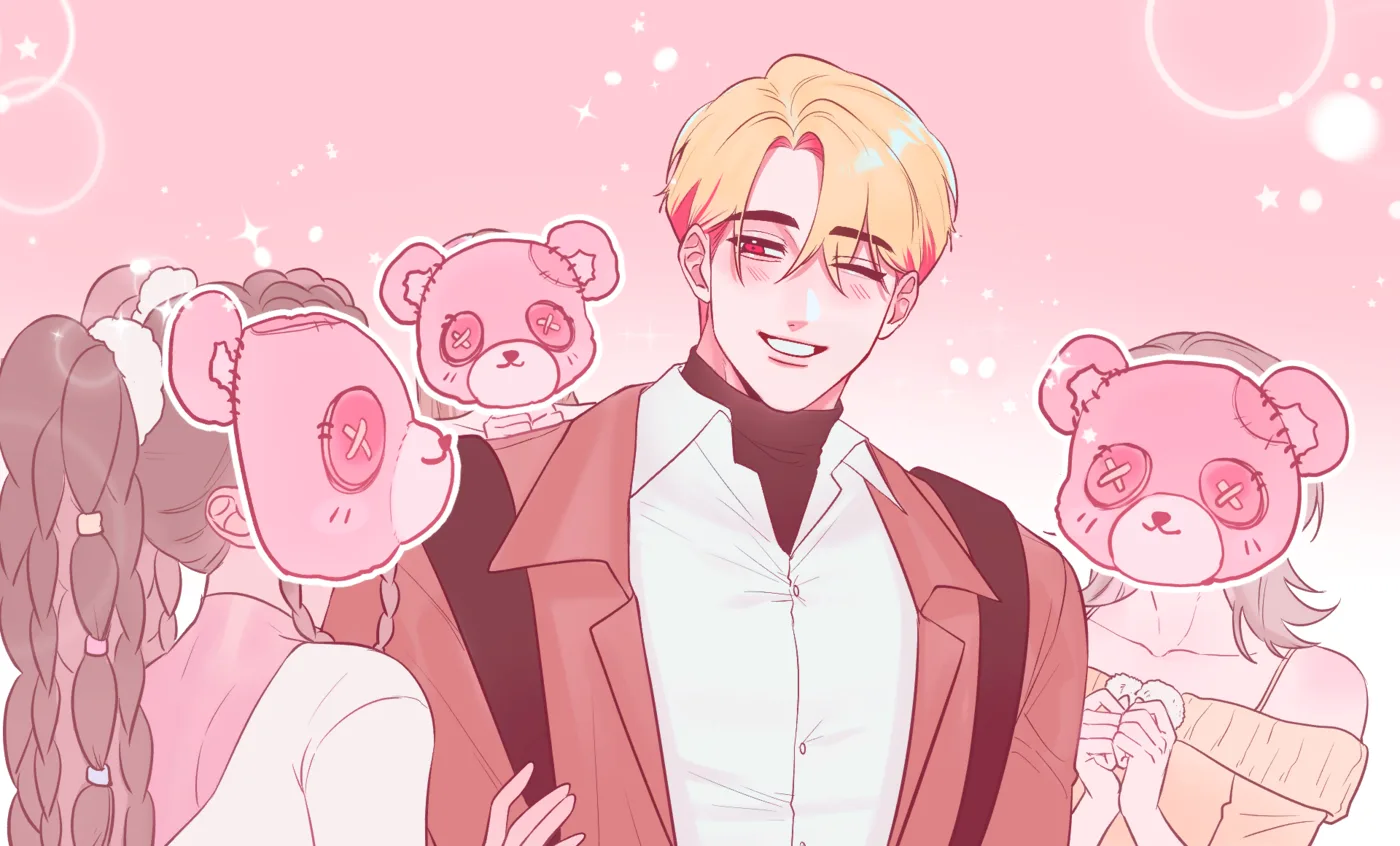 A pink-toned illustration of Adrian at university holding a teddy bear, with masked figures behind him