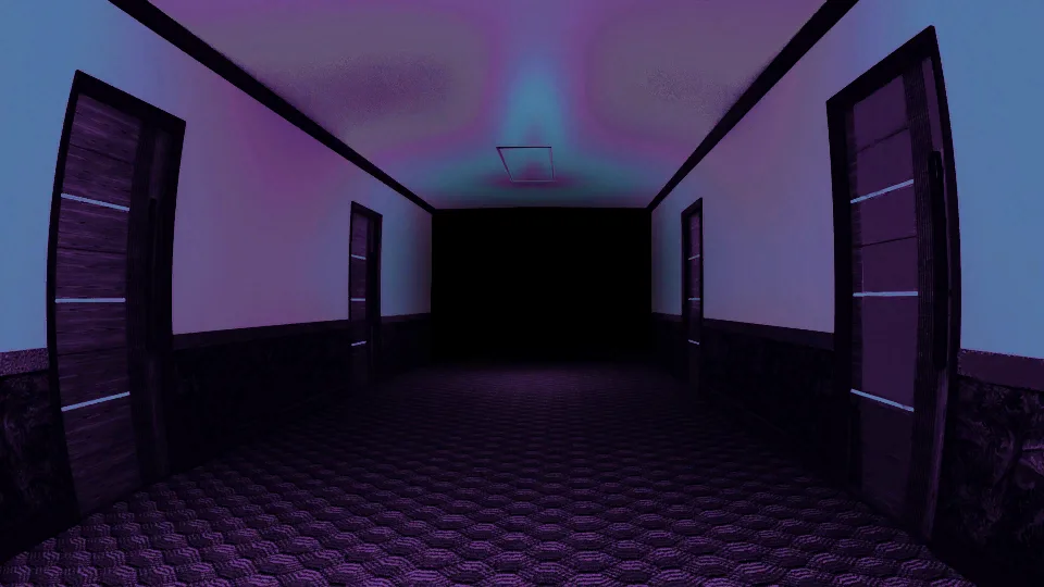 A long hallway inside Adrian's house lined with closed doors, lit in blue and violet from the ceiling