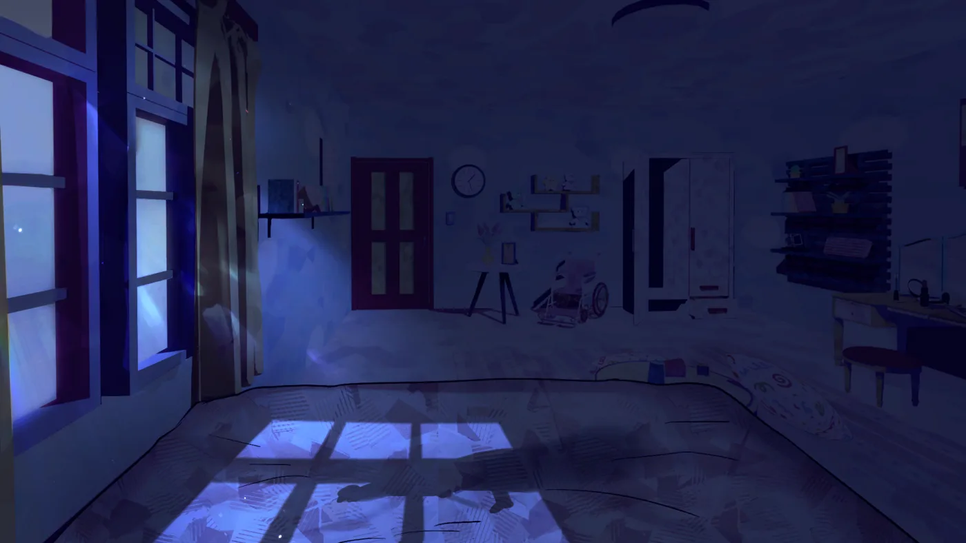 The bedroom at night with Ian leaning over the bed, one hand pinning the protagonist down and a pill held in front of their face