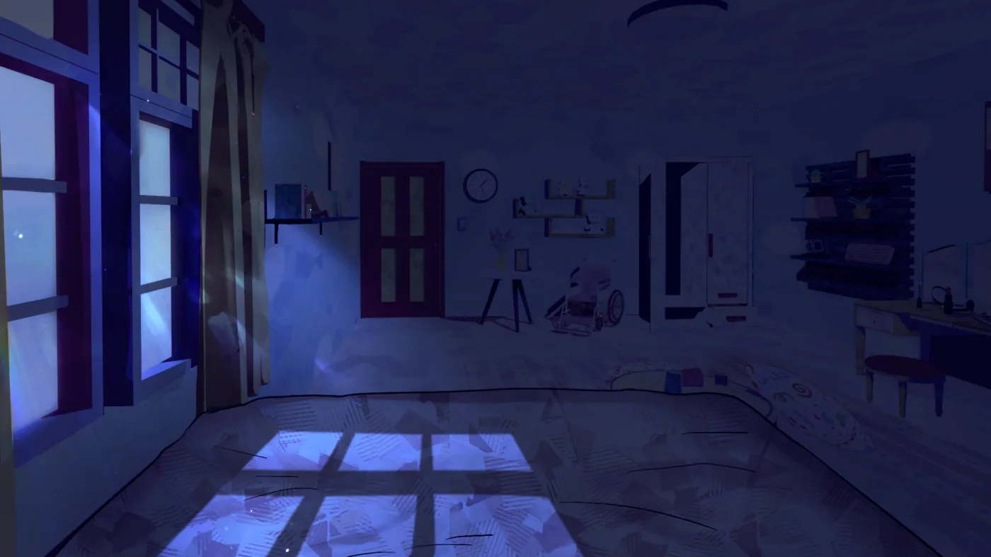 The protagonist's bedroom at night, washed in cold blue moonlight through the window, with the bed, a wheelchair, shelves and a wardrobe in the room