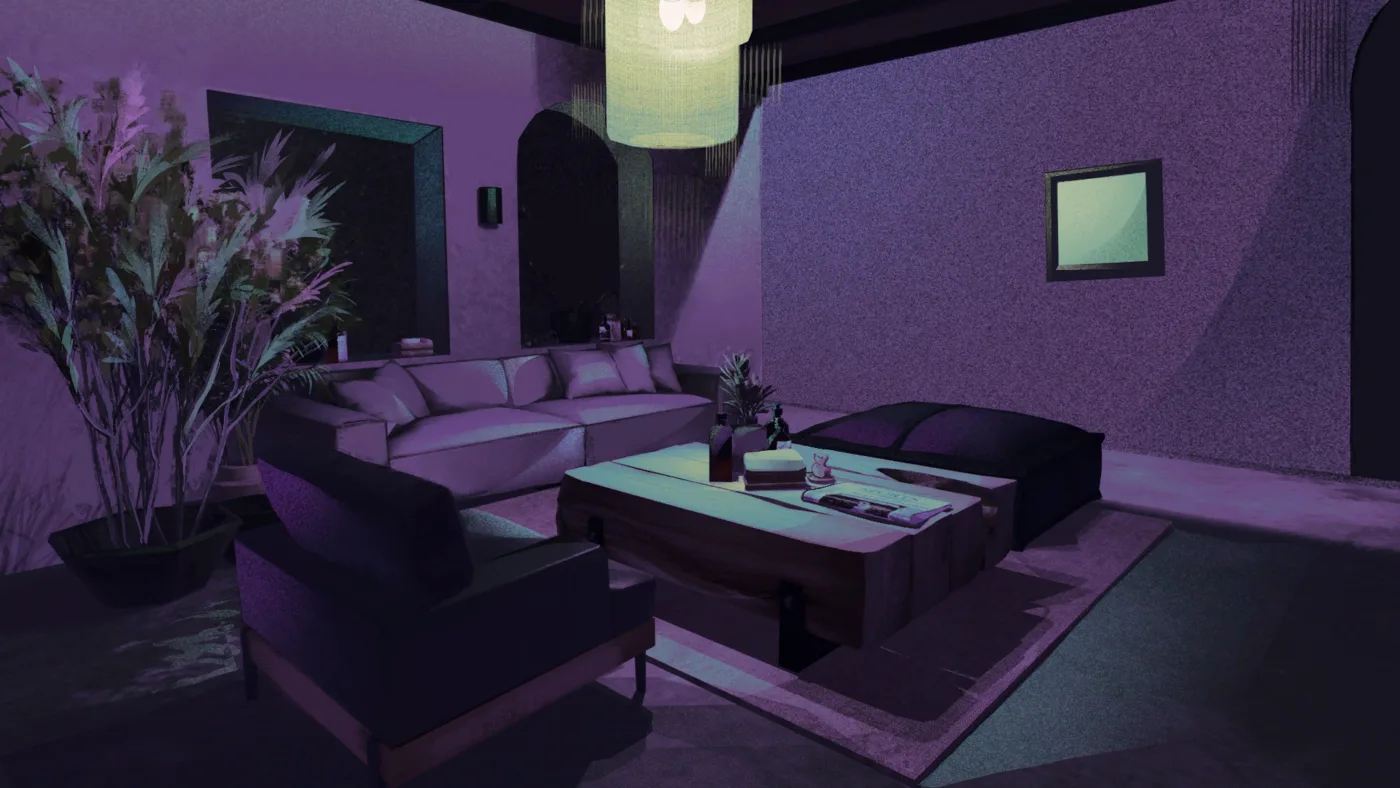 Adrian's living room lit in violet and teal, with a pale sofa, a coffee table holding a newspaper and a bottle, a wall-mounted television and potted plants