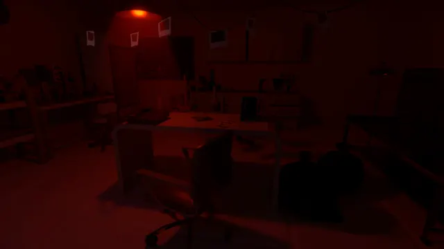 The secret room lit by a single red lamp, with a desk, a typewriter and papers pinned to the wall