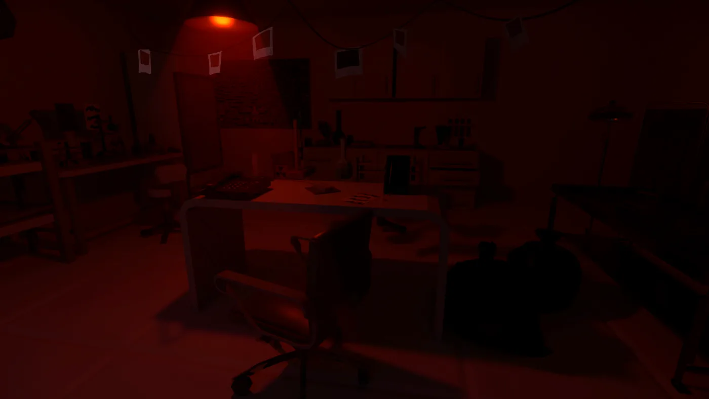 The secret room, lit by a single red lamp: a desk with a typewriter, shelves of equipment, papers pinned on the wall and a chair in the foreground