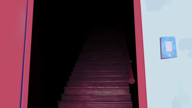 A narrow staircase leading down into a dark basement with a cold light at the bottom