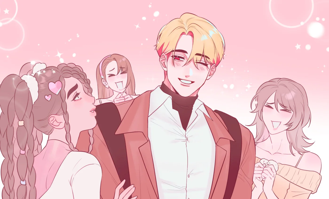 Adrian Winchester with blond hair and red eyes, smiling in a white shirt and black turtleneck under a reddish jacket, surrounded by three laughing girls and pink hearts on a pink background