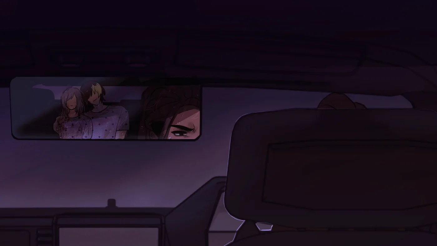 The inside of a car at night, seen through the rearview mirror with the protagonist and Ian reflected in it