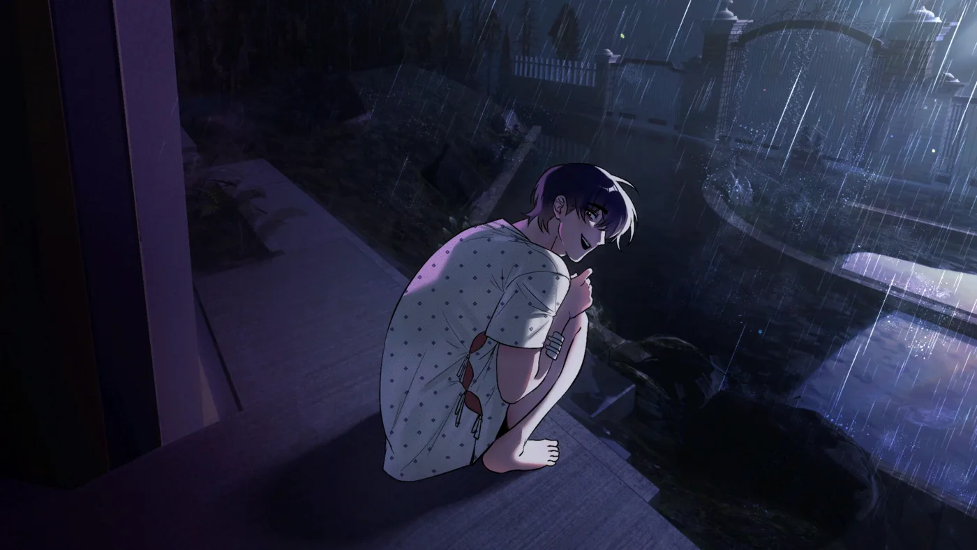 Ian crouched in the pouring rain outside the house, hugging his knees, with the lit gate and driveway behind him