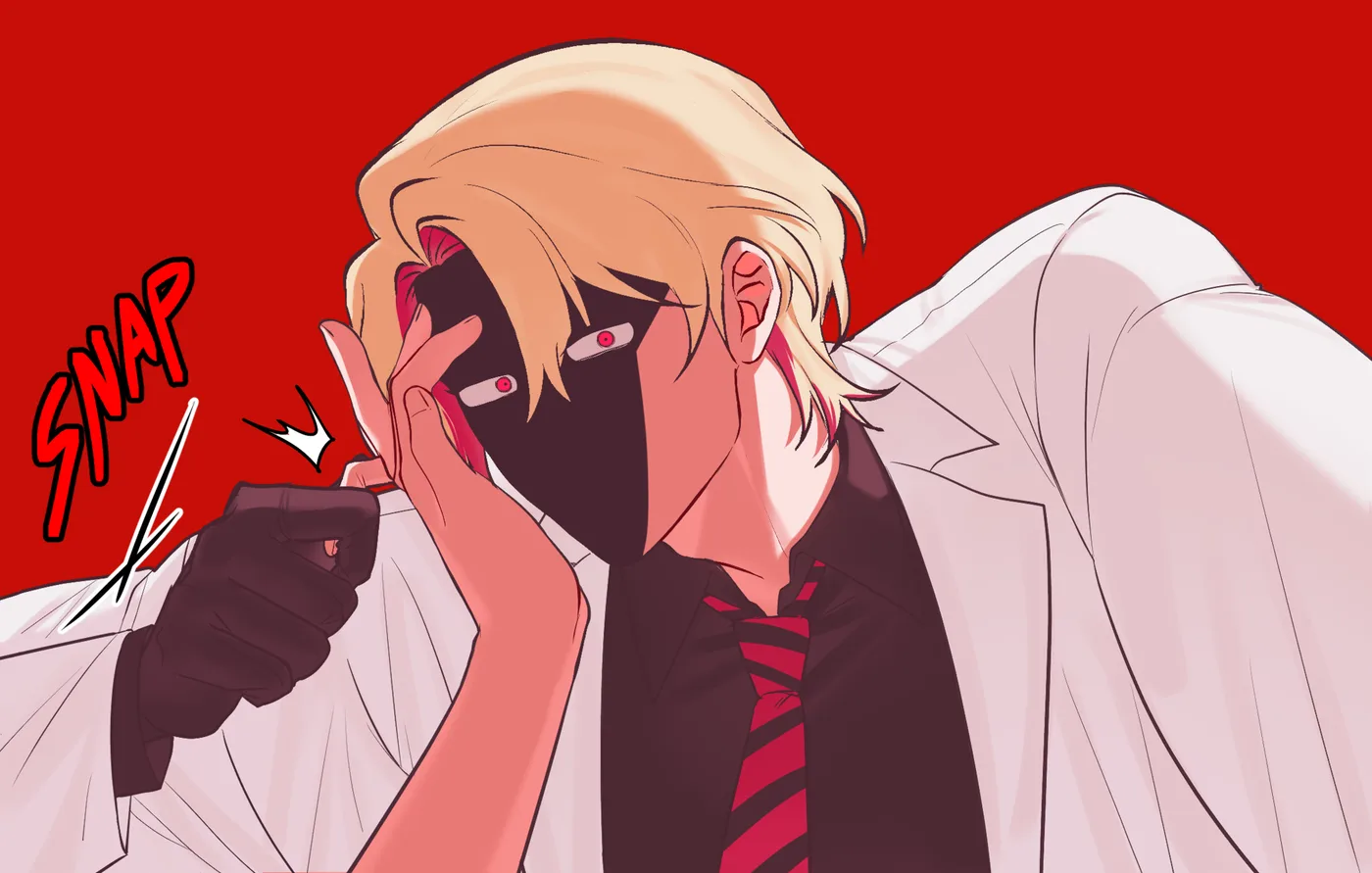 Adrian in a white doctor's coat lunging in with a scalpel, his face hidden behind a black mask with red-ringed eyes