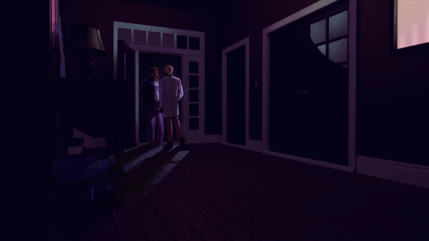 A dark hallway seen from inside the house, looking toward the front door where two figures stand together