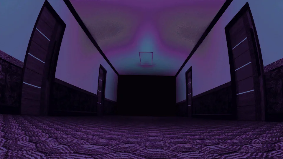 A violet corridor inside the house, with a closed door at the far end