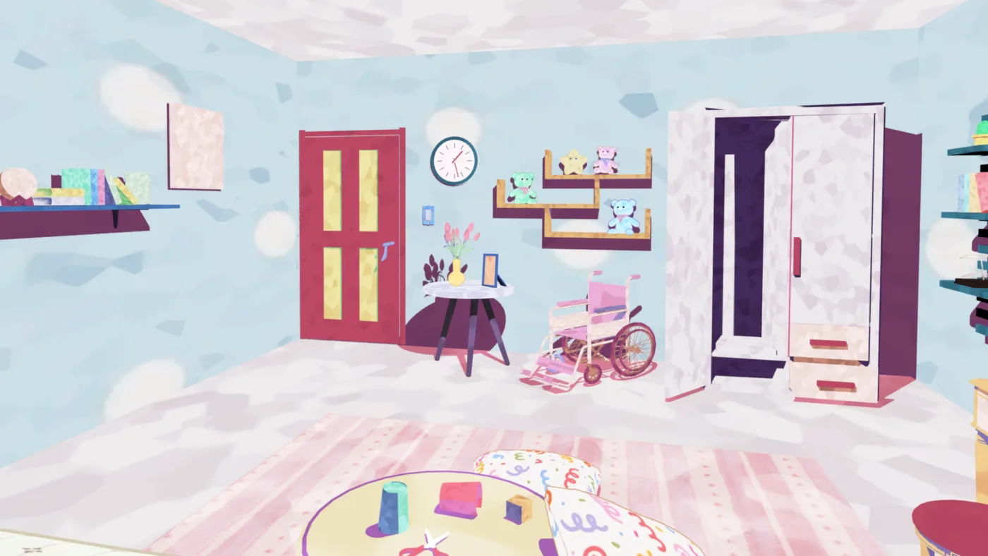 The protagonist pastel bedroom, with a bed, shelves of small toys, a wheelchair and a closet