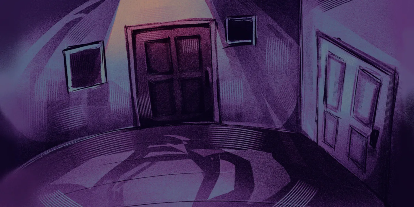 A dark purple basement corridor with a single closed door at the far end