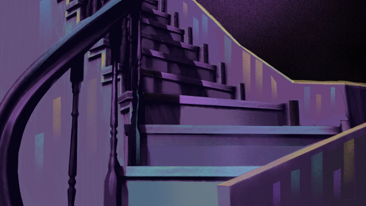 A narrow purple staircase looking upward through the house