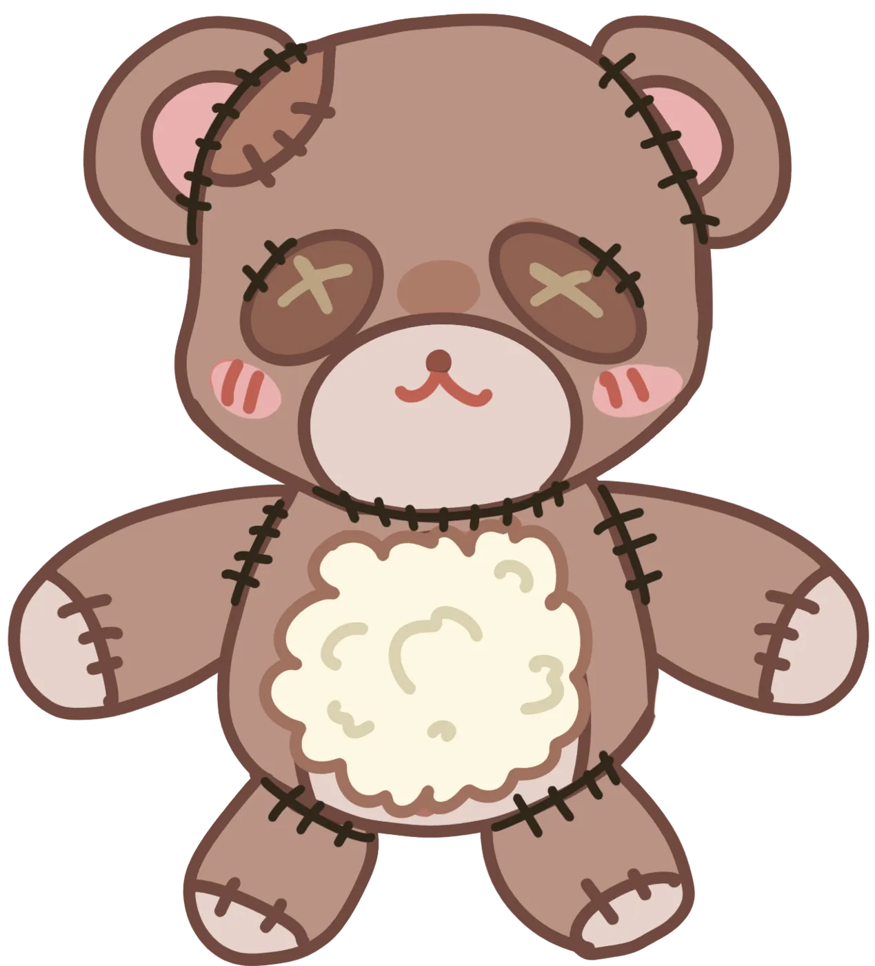 A full teddy bear seen from the front, with X-shaped stitched eyes, black thread seams and its belly cut open to reveal pale stuffing