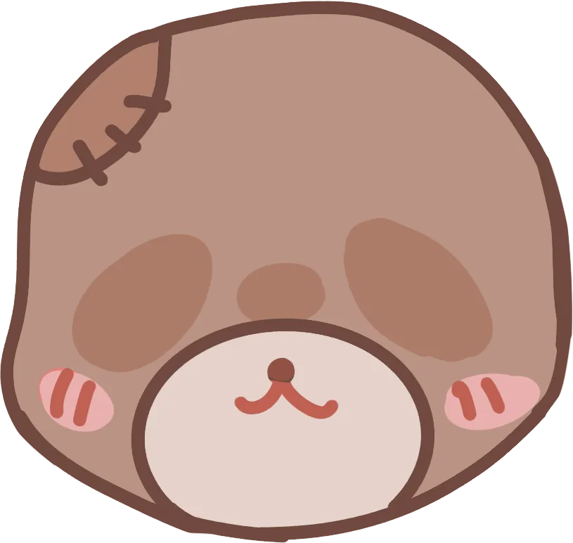 The severed head of the old teddy bear, with heavy black stitching across the crown and X-shaped stitched eyes