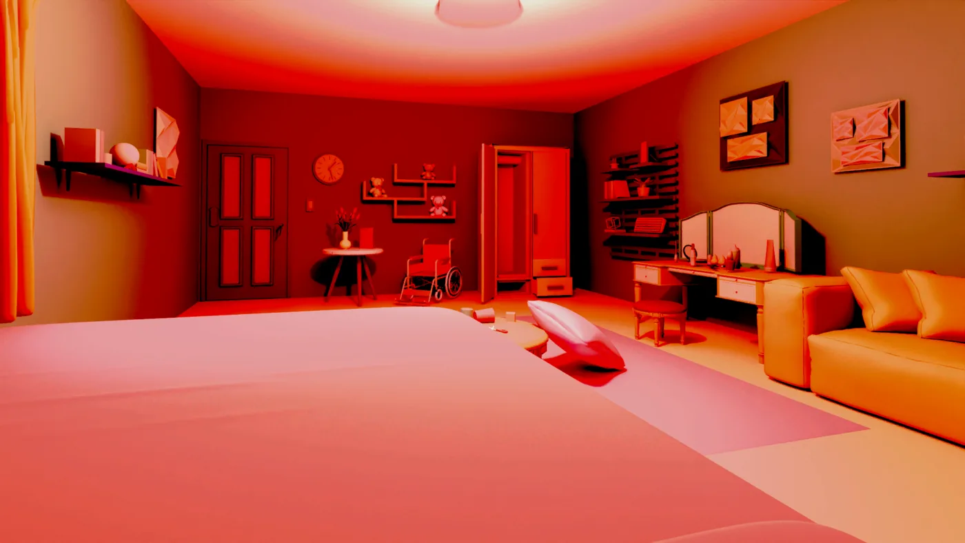The house living room flooded with red light, with the bed in the foreground, a wheelchair by the wall and shelves of small toys