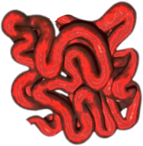 A mass of red, wet-looking gore replacing the pale stuffing of the teddy bear