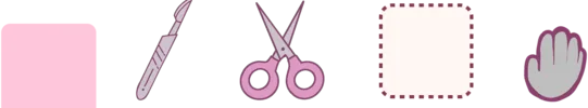 A row of five pink interface buttons from the doll bench: a round selection pad, a scalpel, a pair of scissors, an empty stitched square and a gloved hand