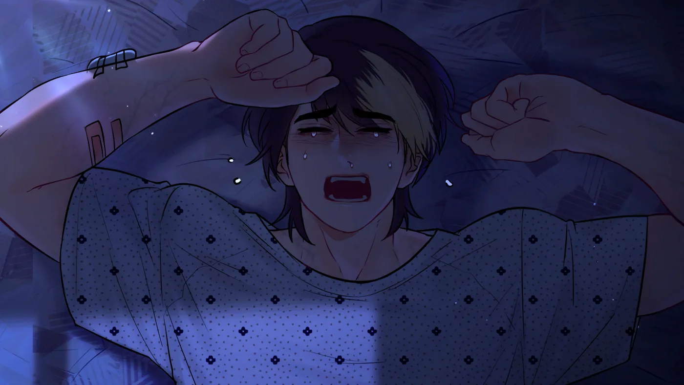 Ian in a hospital-patterned shirt with his hands raised, screaming and crying, with a syringe visible at the edge of the frame