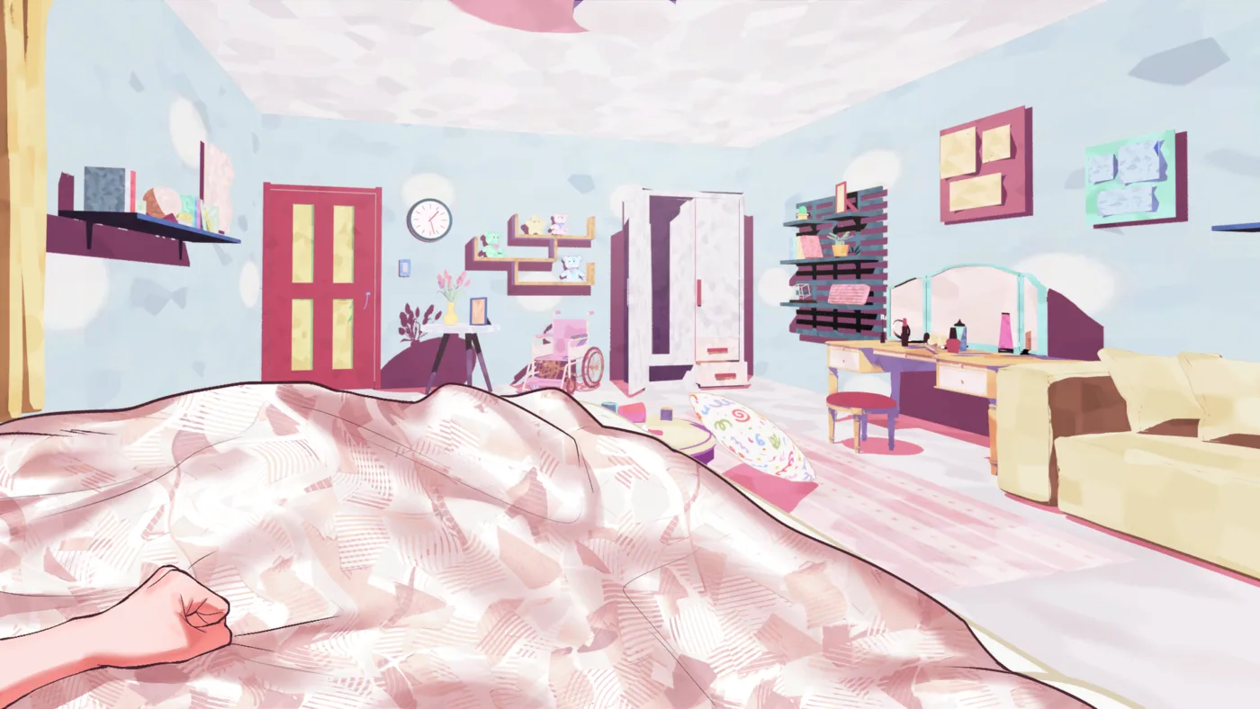The protagonist's pastel bedroom on Day 1, with a pink door, shelves of small toys and a wheelchair by the bed
