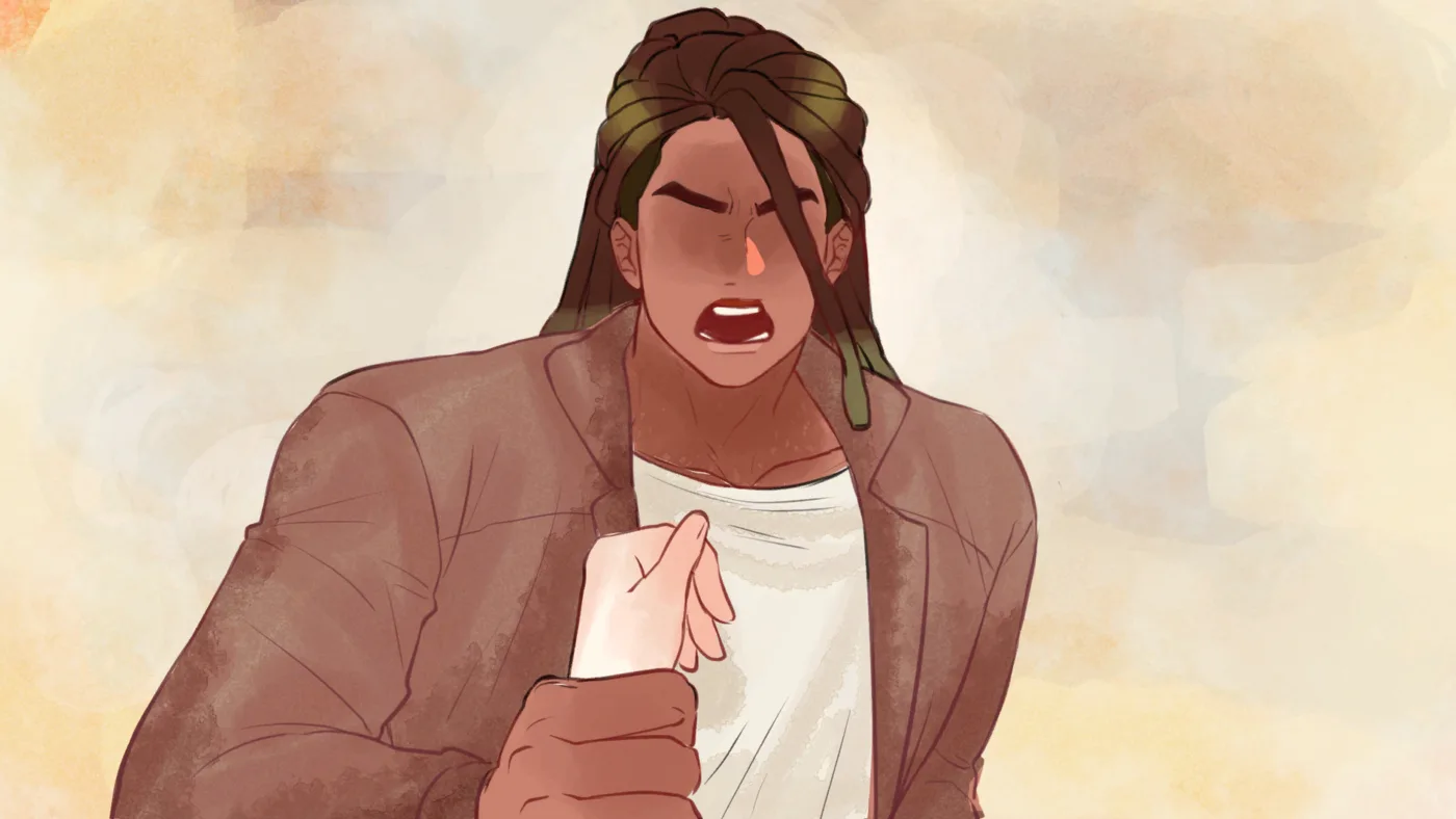 Oliver rendered in soft watercolour, a large open hand reaching in from the left against a pale cream background
