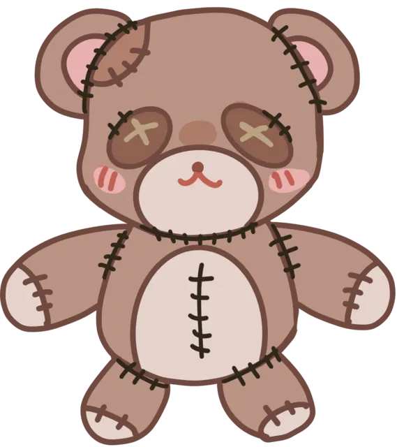 The old teddy bear Adrian brings home, with heavy black stitching, X-shaped eyes and a torn seam down its belly