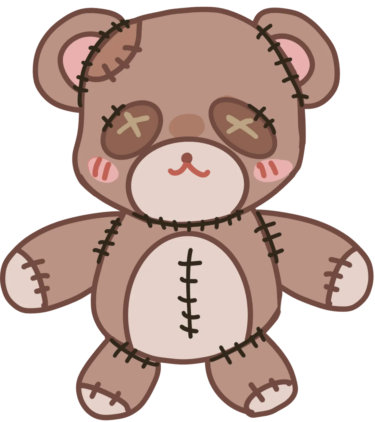 The old teddy bear Adrian brings home, with heavy black stitching, X-shaped eyes and a torn seam down its belly