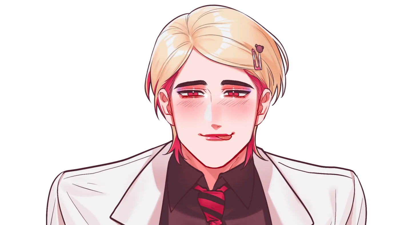 Adrian with bleached blonde hair and red eyes, flushed and wearing lipstick, leaning in with a teasing smile