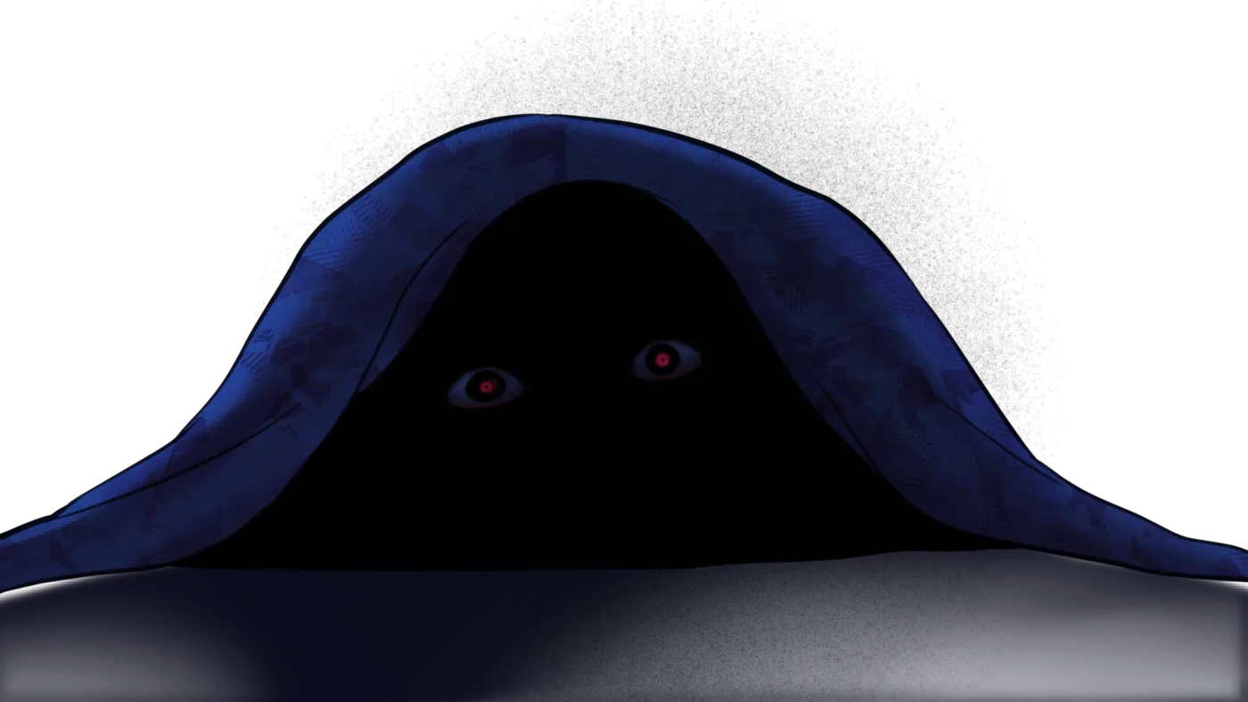 A hooded figure with glowing red eyes filling the frame in a blue-black jumpscare image