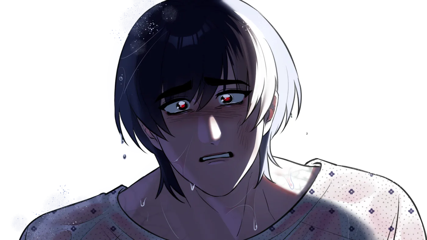 Ian in the same floral robe with tears running down his face and an openly distressed expression