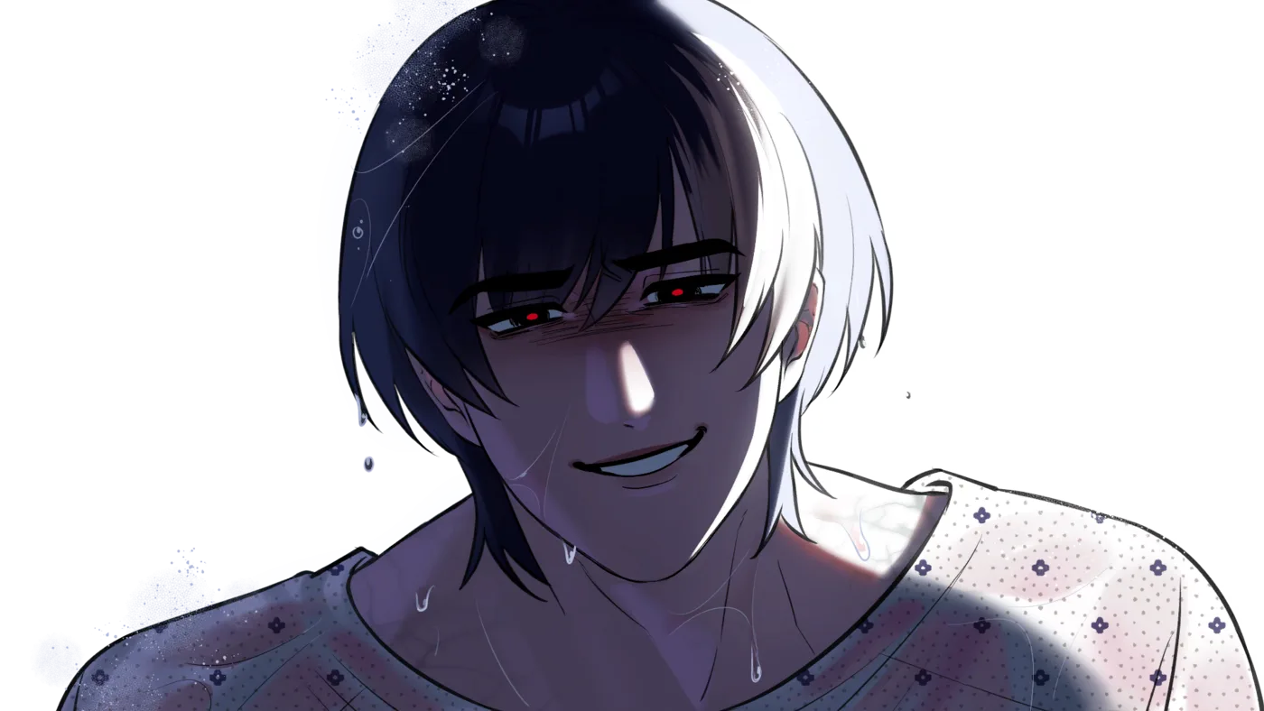 Ian in a floral robe with black hair and red eyes, smiling down at the camera with a mocking expression
