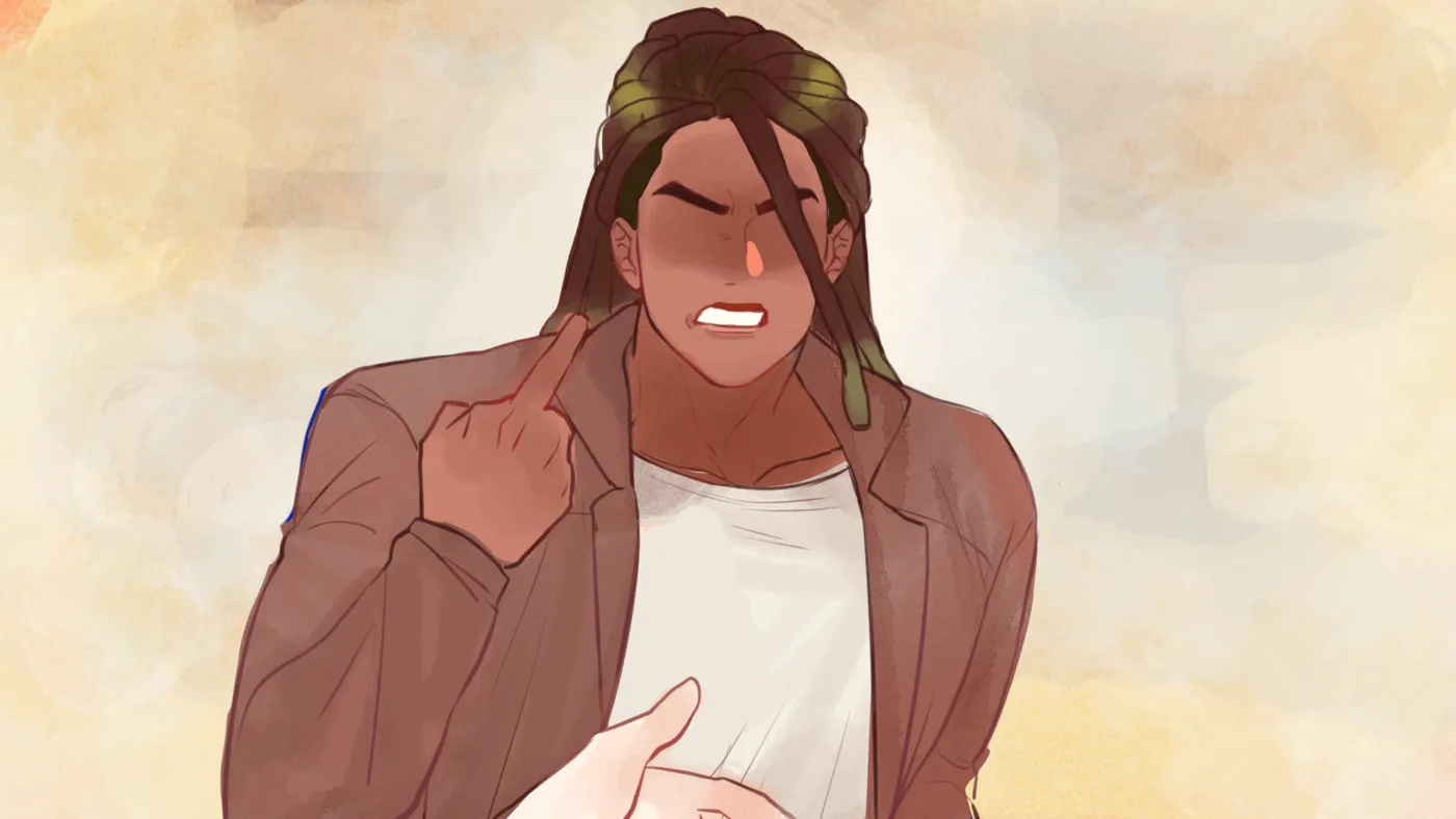 Oliver rendered in soft watercolour with one arm raised, against a pale cream background